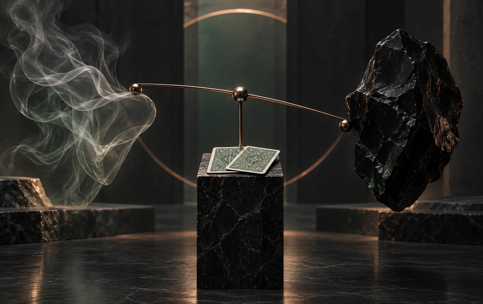 A pair of face-down cards balances between a translucent smoke form and a solid obsidian mass, representing bluffs and value bets