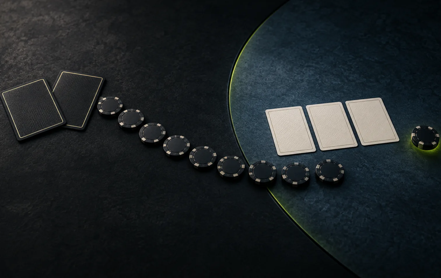 A continuous curved trail of poker chips leading from two face-down cards through a three-card flop