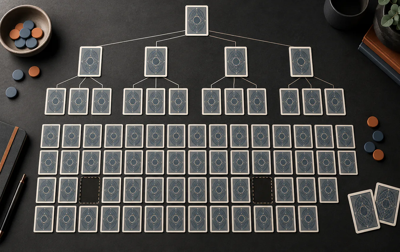 Face-down playing cards branching into an orderly grid with two empty spaces representing removed combinations