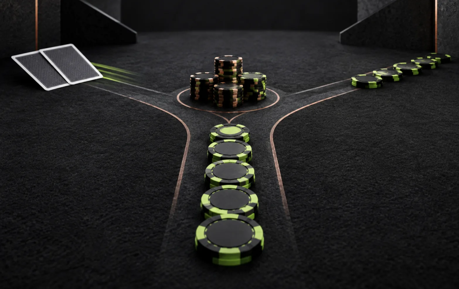A line of poker chips opening into two paths as one pair of face-down cards slides away