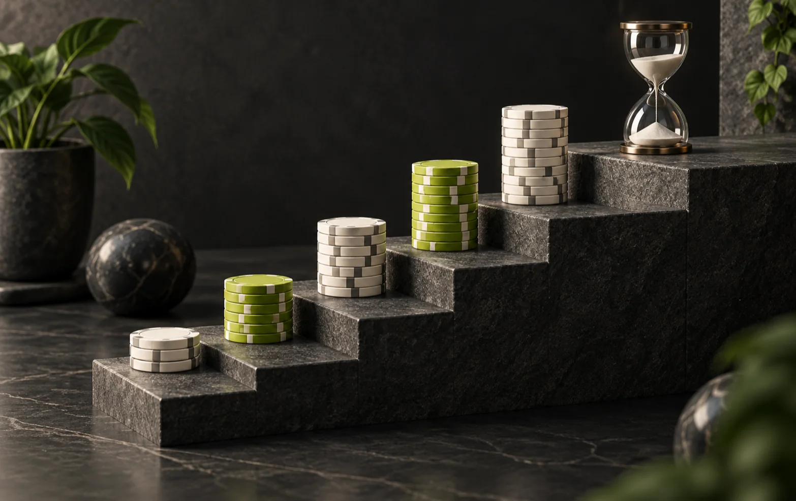 Poker chip stacks arranged along ascending charcoal steps with an hourglass marking a pause