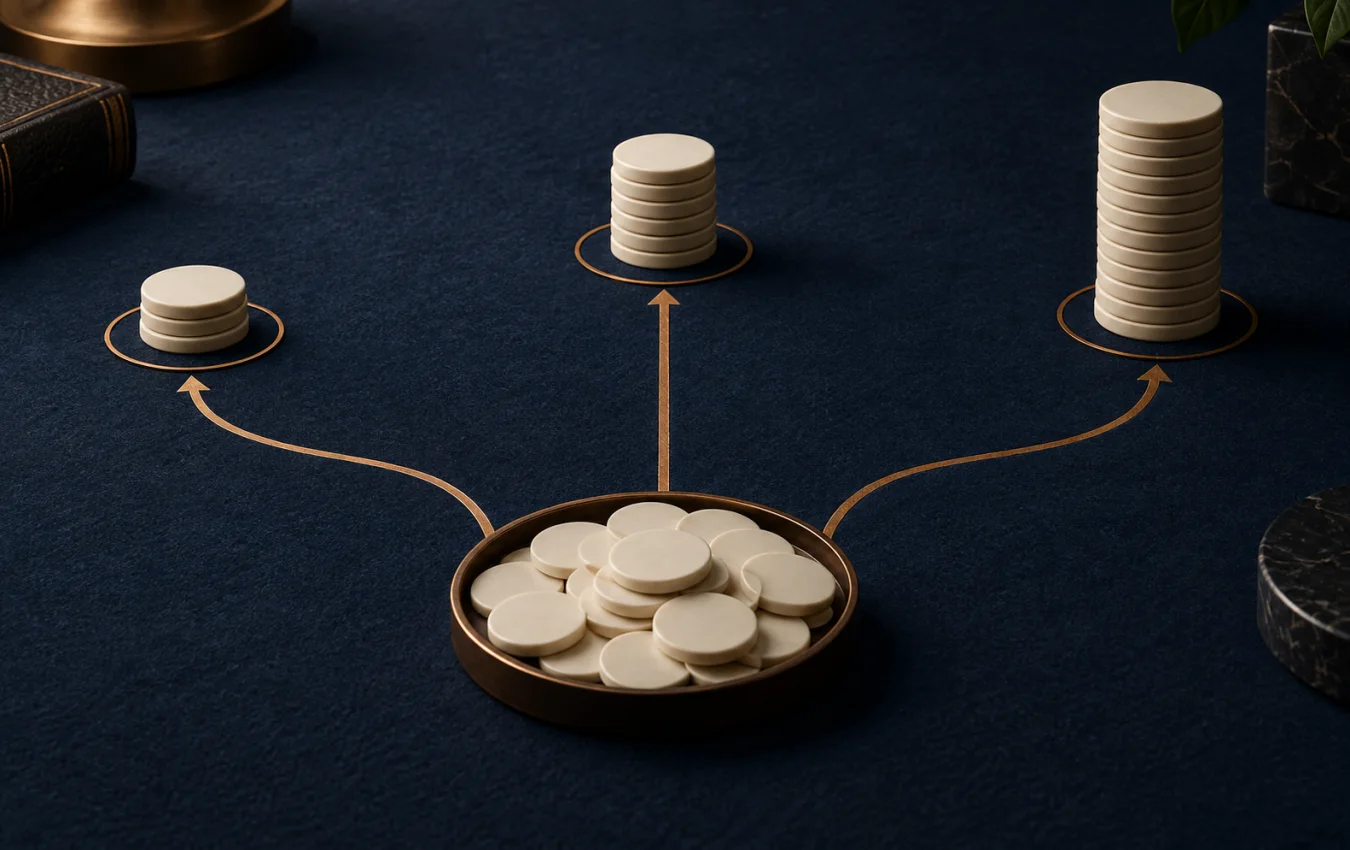 One central pool of blank ivory discs branches toward small, medium, and large stacks on a navy study surface
