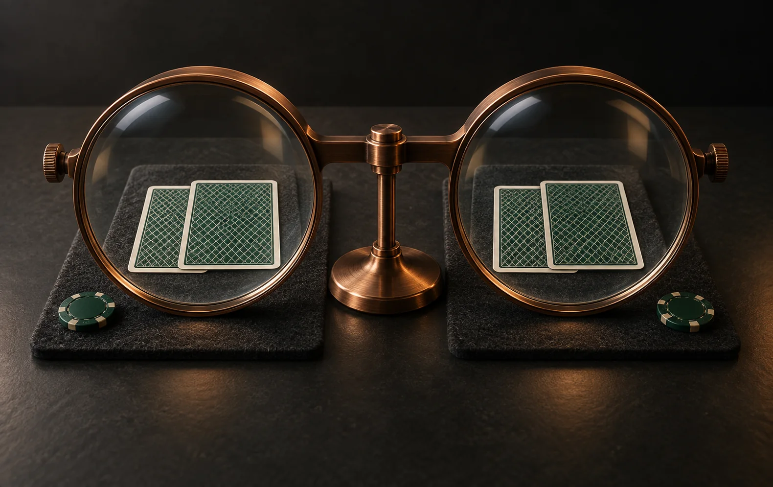 Two joined copper inspection lenses compare separate pairs of face-down poker cards on dark study pads