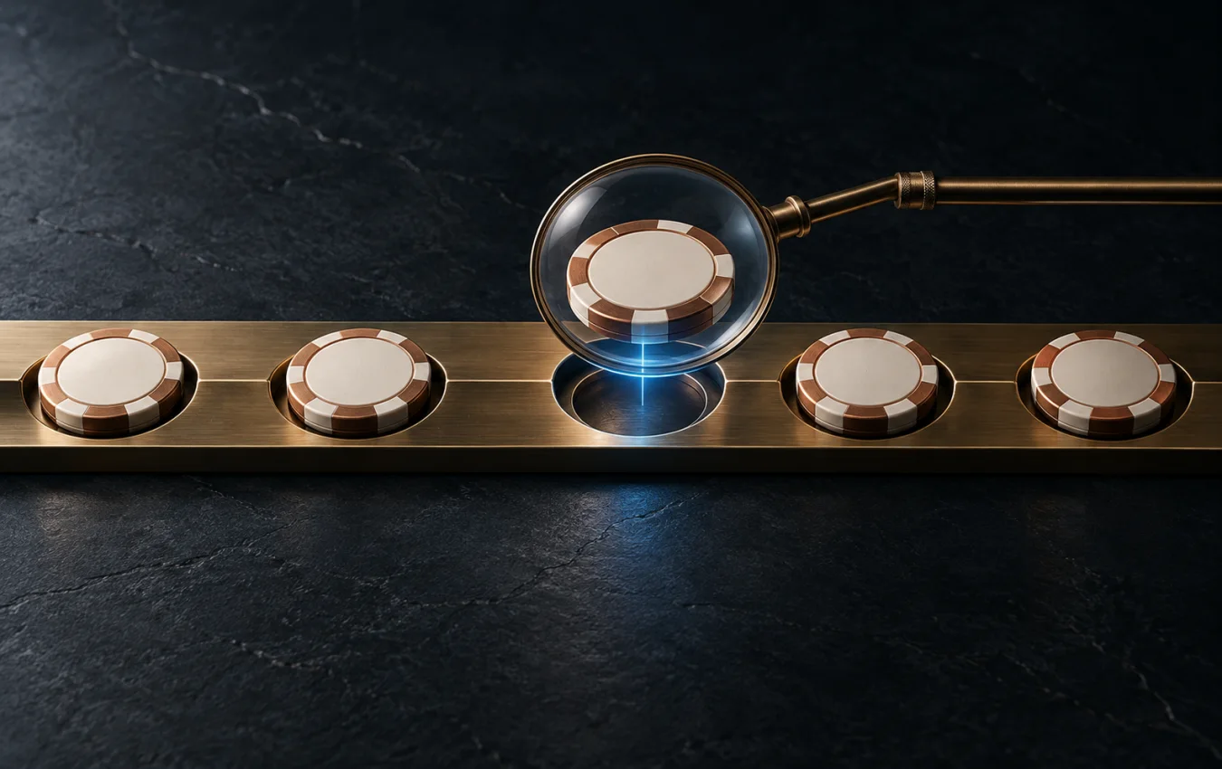 A magnifying lens aligns one blank ivory-and-copper poker marker with an open slot in a brass sequence rail