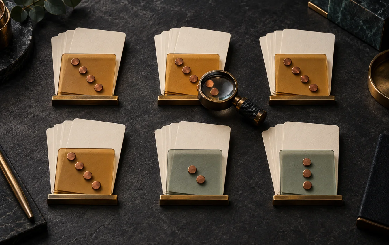 Six blank card groups arranged under brass inspection panes, with four revealing the same copper marker pattern