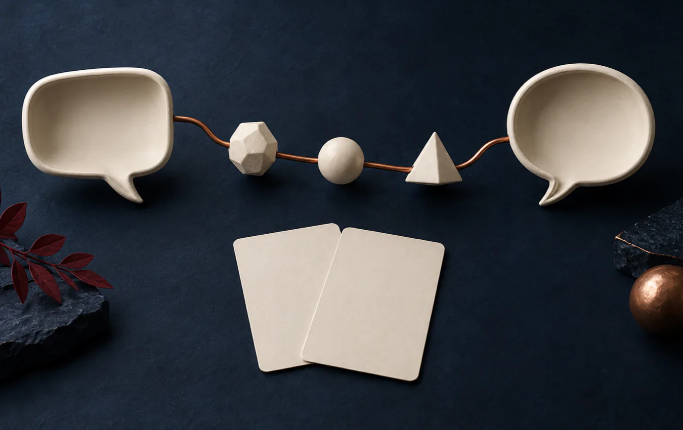 Two empty ivory speech forms connect across three reasoning shapes above a pair of blank face-down cards