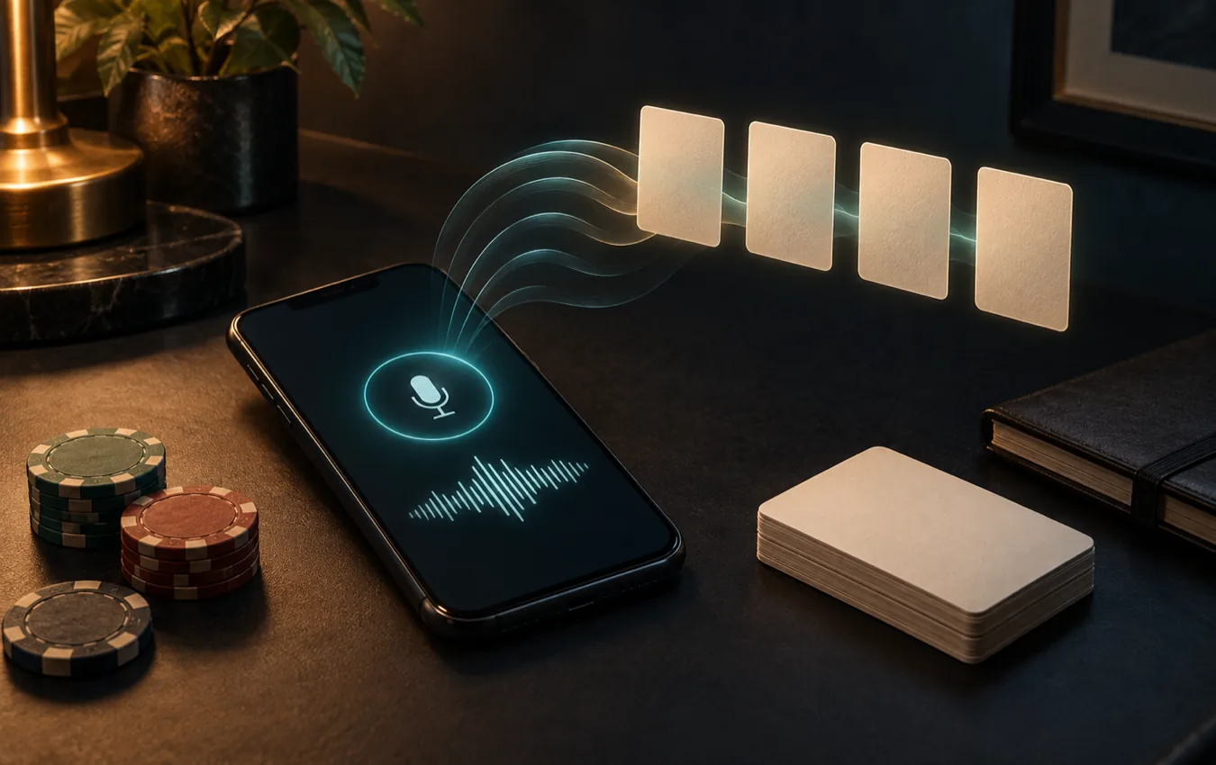 A phone turns a voice waveform into four ordered blank card panels on a quiet post-session desk