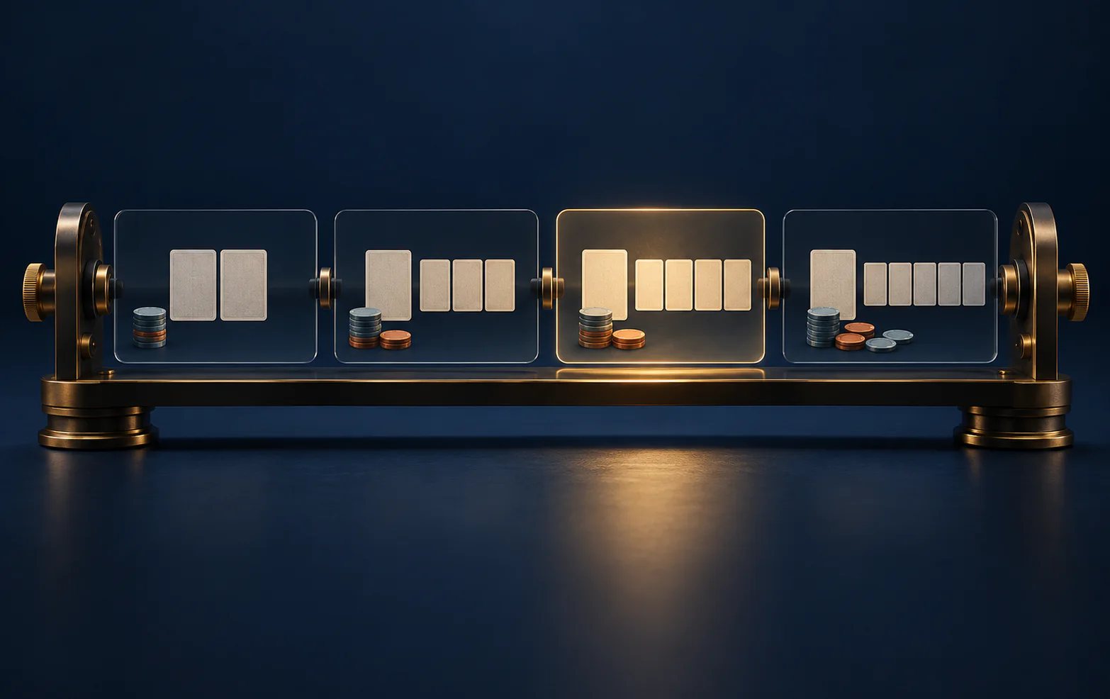 A precision brass slide viewer holds four glass frames of blank cards and unmarked poker chips, with the third frame illuminated as a paused decision