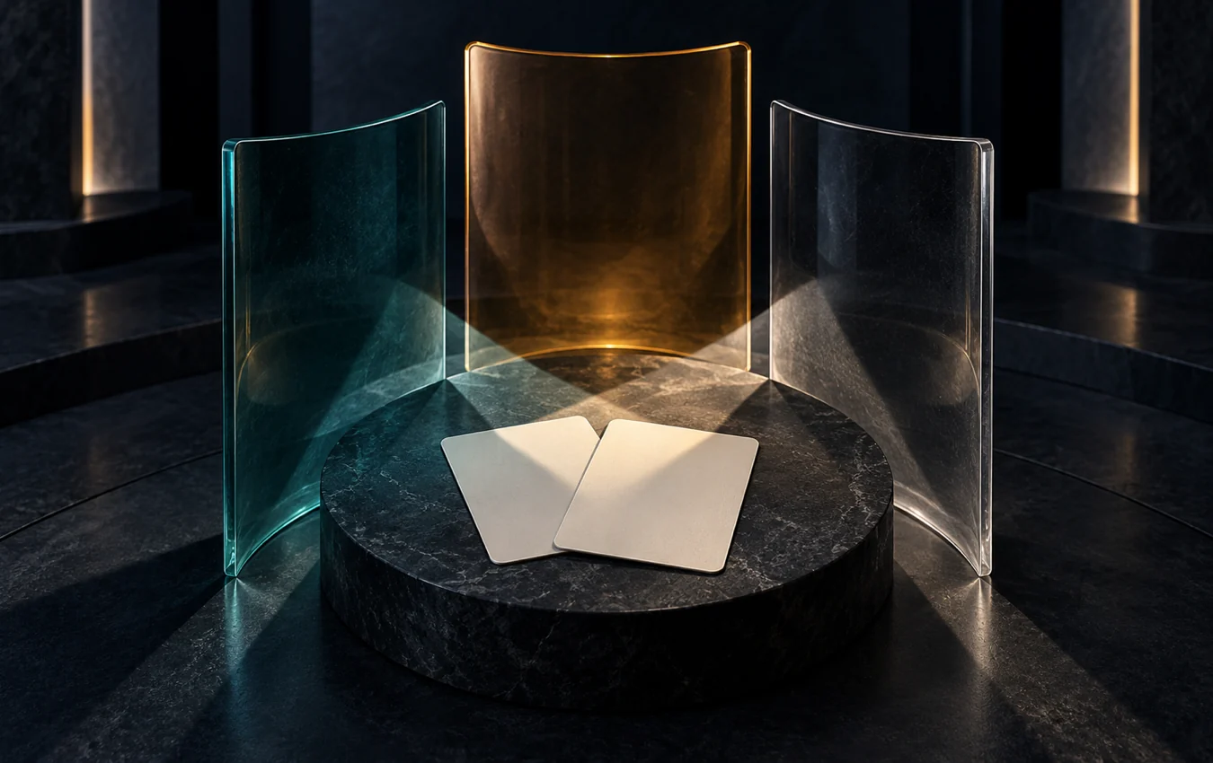 Three distinct curved glass panels converge around two blank ivory playing cards on a dark pedestal