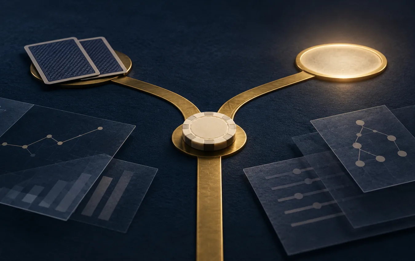 An ivory marker rests at a brass junction between folded face-down cards and an illuminated review checkpoint