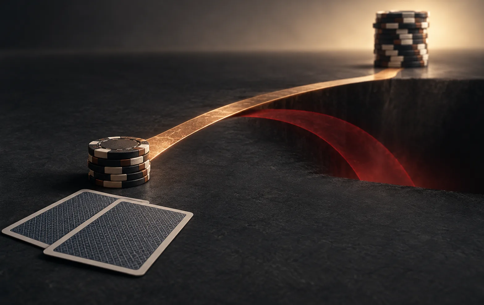 A copper bridge runs from a small poker chip stack toward a larger distant stack while a red arc drops into a dark gap