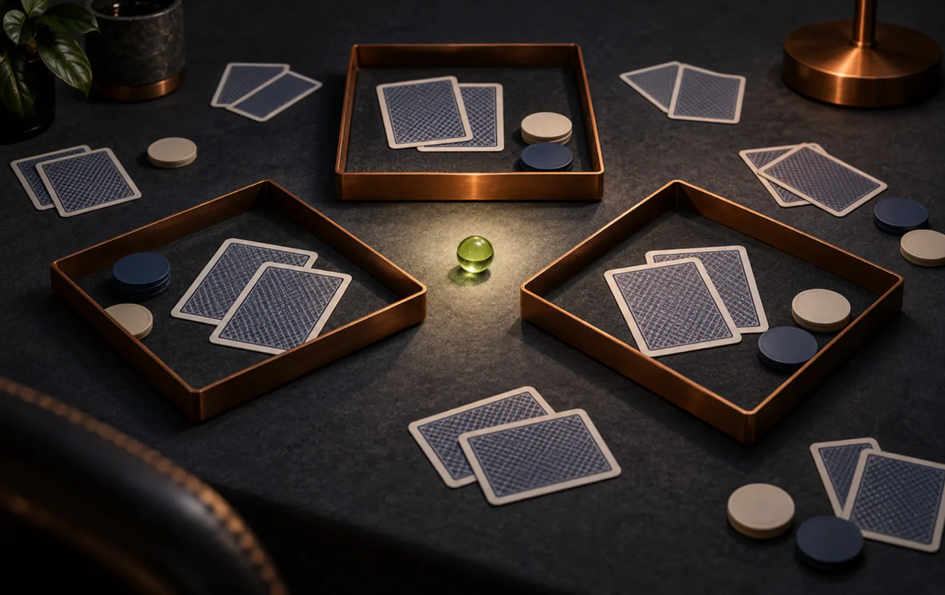 Three copper sorting trays of face-down cards narrowing a completed poker session toward one illuminated green marker