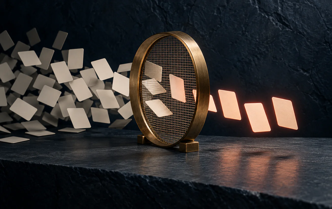 Blank ivory card tiles pass through a brass filter, leaving a smaller group of selected cards glowing on the other side
