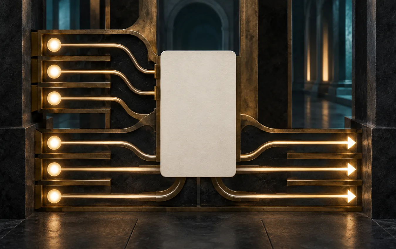 One blank ivory playing card blocks three of six illuminated paths through a brass lattice