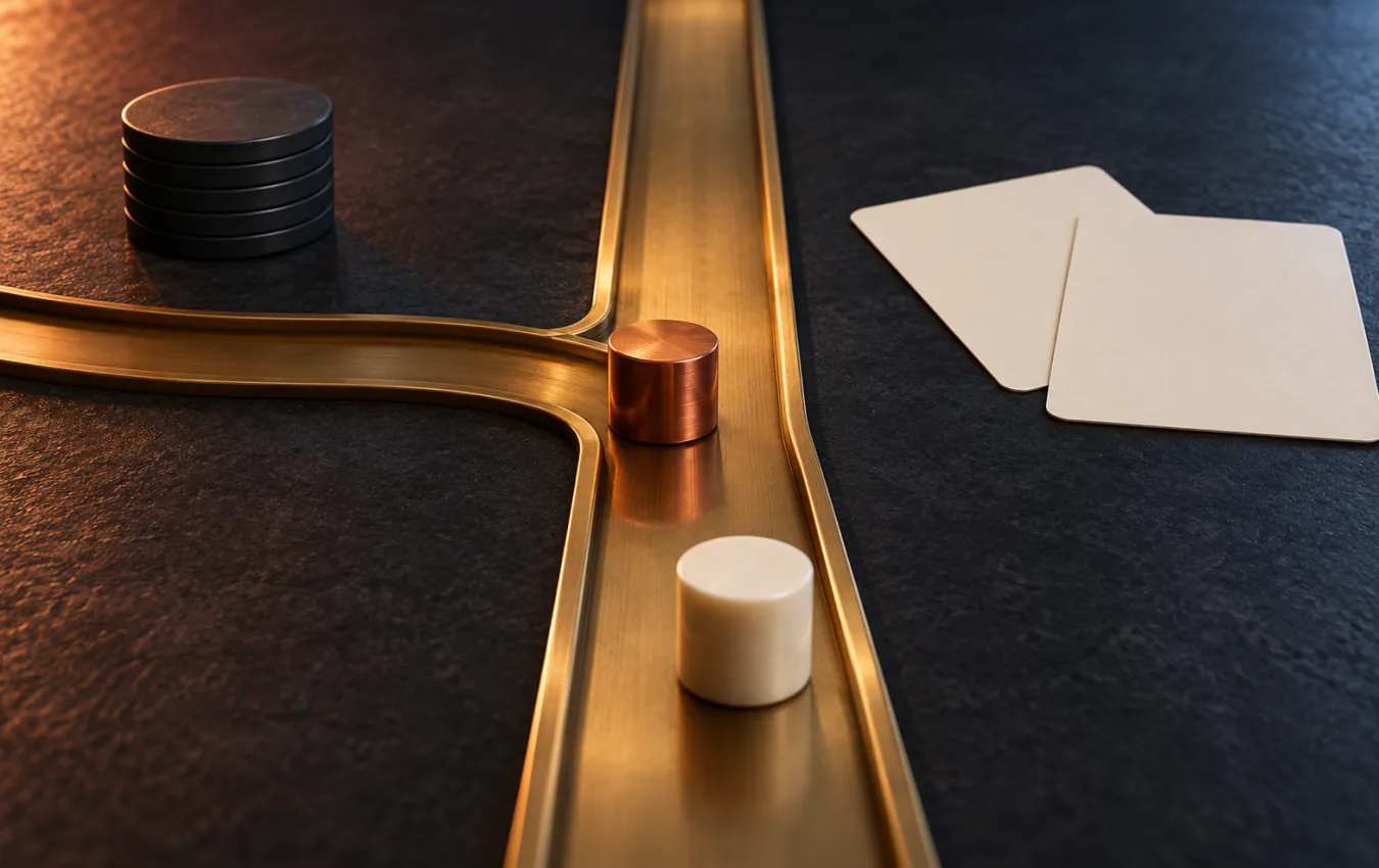 A copper marker enters an orderly betting track from the side before a waiting ivory marker can move