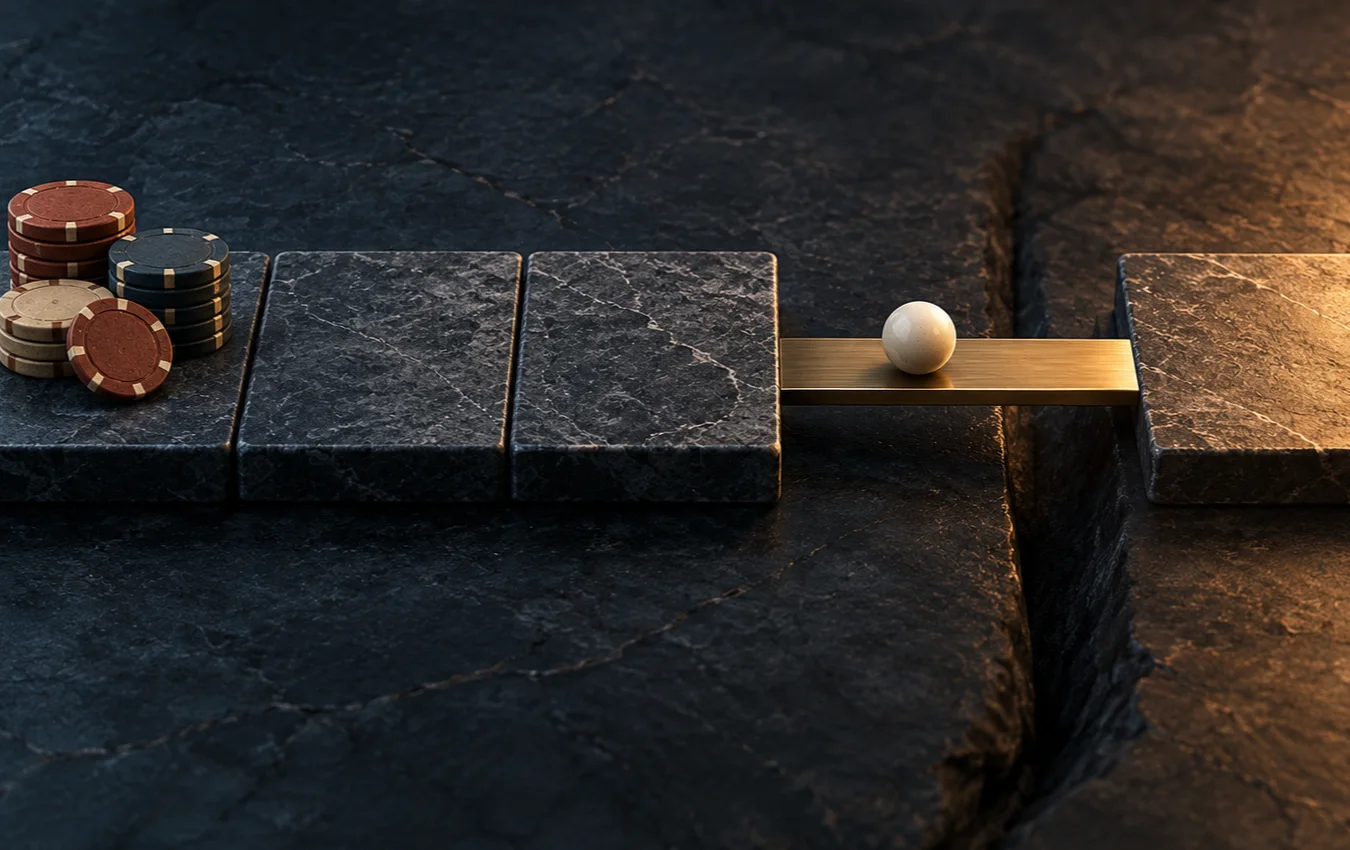 An ivory marker crosses a narrow brass bridge from three dark stone tiles toward a fourth illuminated tile