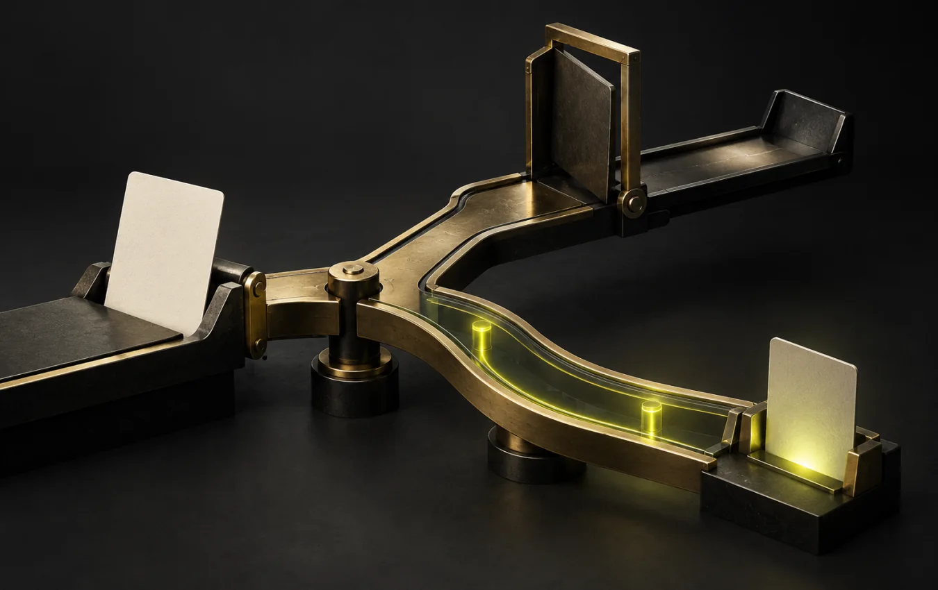 A blank card enters a branching brass mechanism with one route ending at a dark gate and the other at a glowing card slot