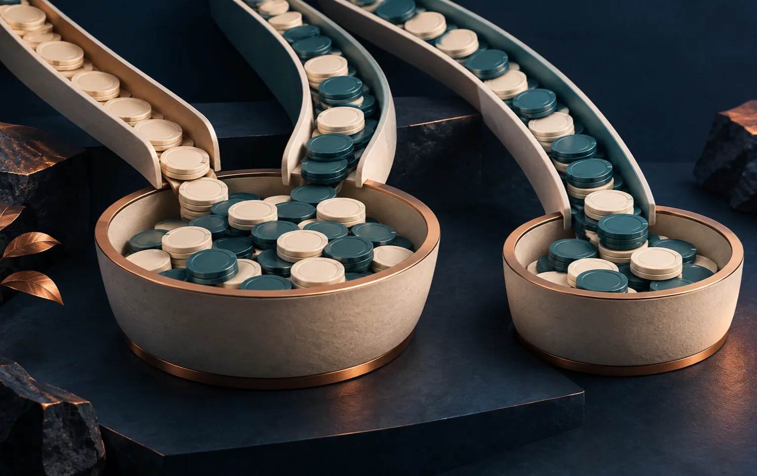 Abstract ceramic still life with three sloped lanes of unmarked poker chips and two separate bowls of chips on a dark blue surface