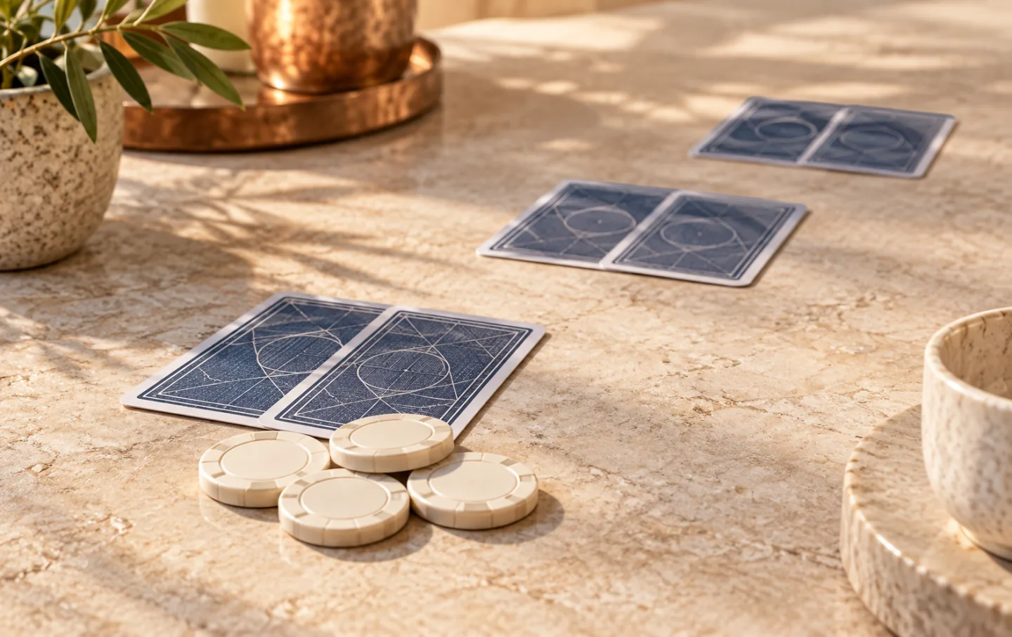 Three separated pairs of face-down cards on pale stone; one pair sits beside four unmarked ivory poker chips