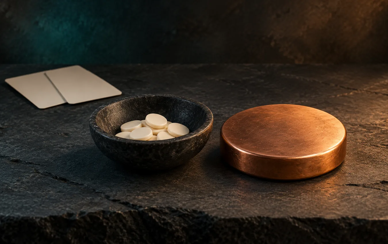 One oversized copper wager disk sits beside a smaller dark bowl holding several ivory markers