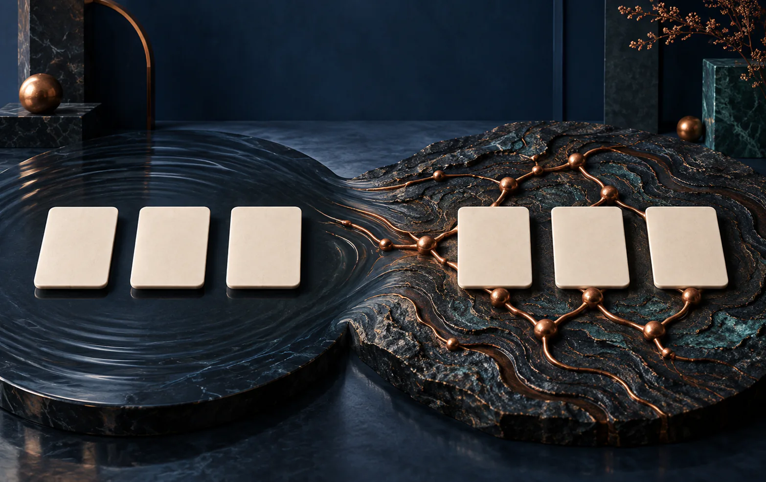 Two groups of blank ivory card-shaped tiles, one separated by smooth ripples and the other joined by branching copper paths