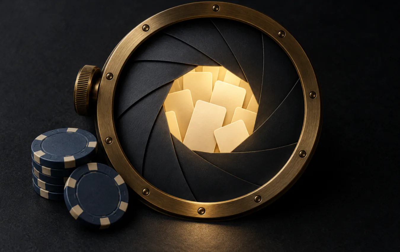 A black mechanical iris closes over glowing blank cards while a small stack of unbranded poker chips rests beside it