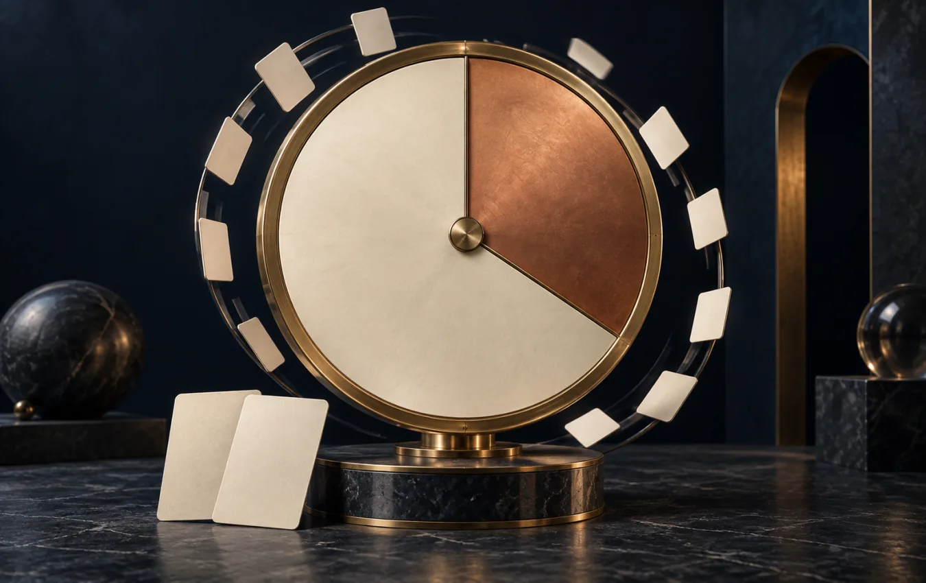 A brass probability instrument divides many blank card-shaped outcomes into unequal ivory and copper shares