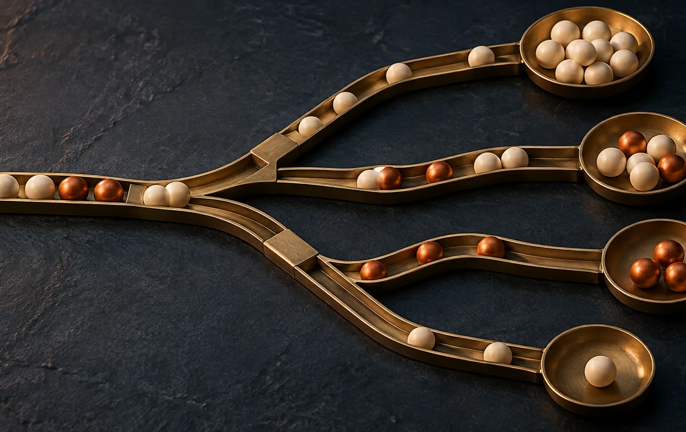 Brass channels split ivory and copper spheres into four different outcome trays on a dark slate surface