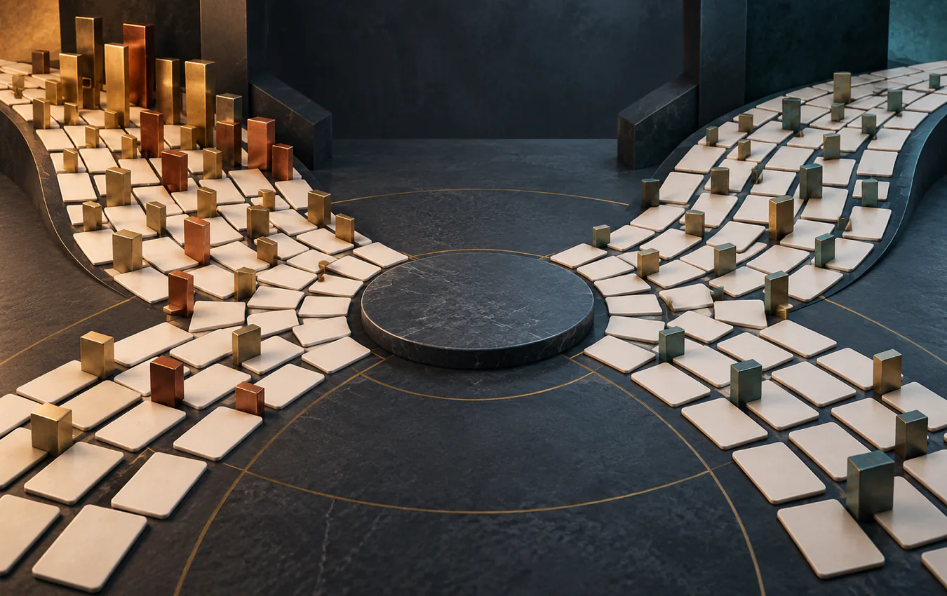 Two branching fields of blank ivory and copper tiles crossing a dark slate surface, with one field concentrated more heavily toward the upper path