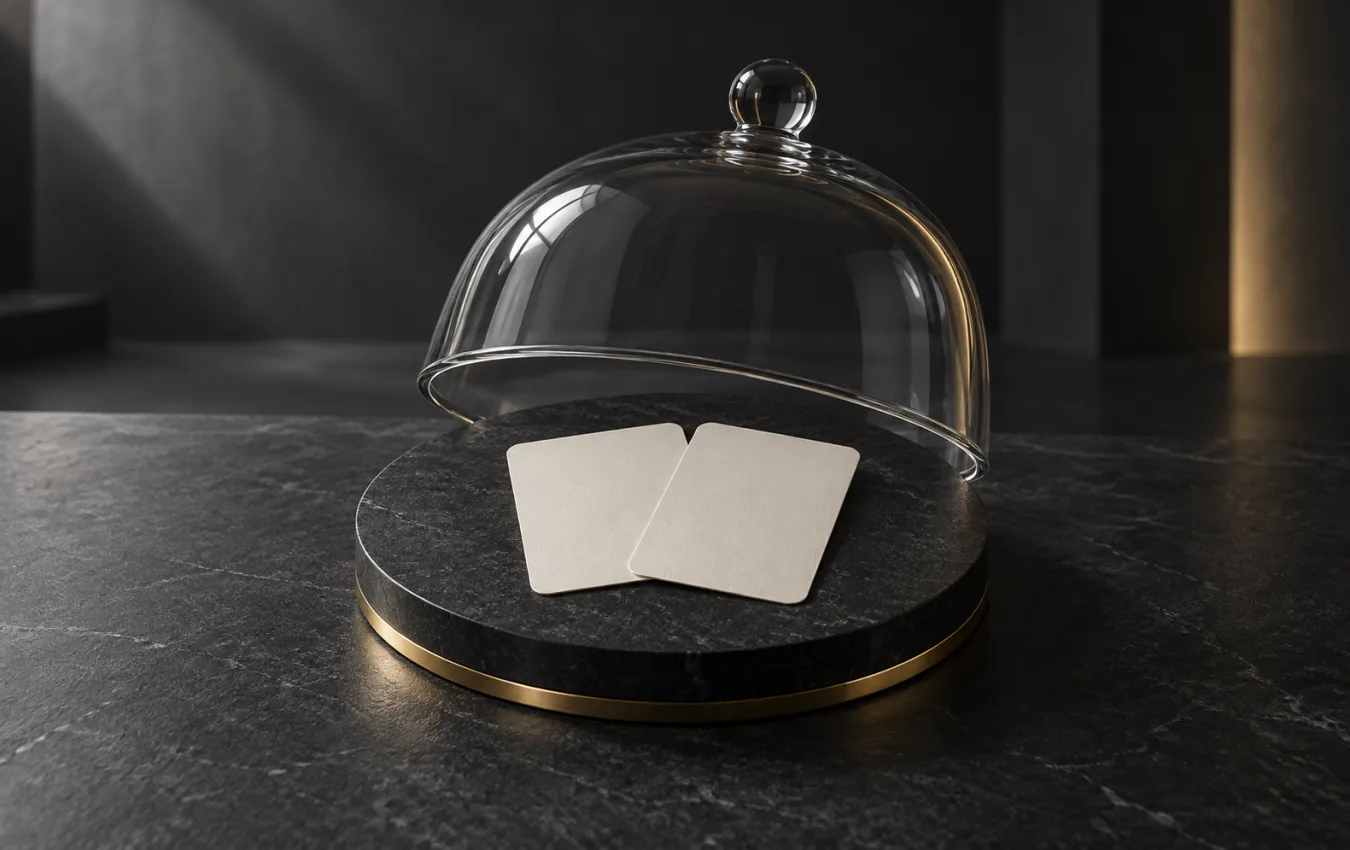 Two blank ivory playing cards preserved beneath a lifted glass cover on a black stone plinth